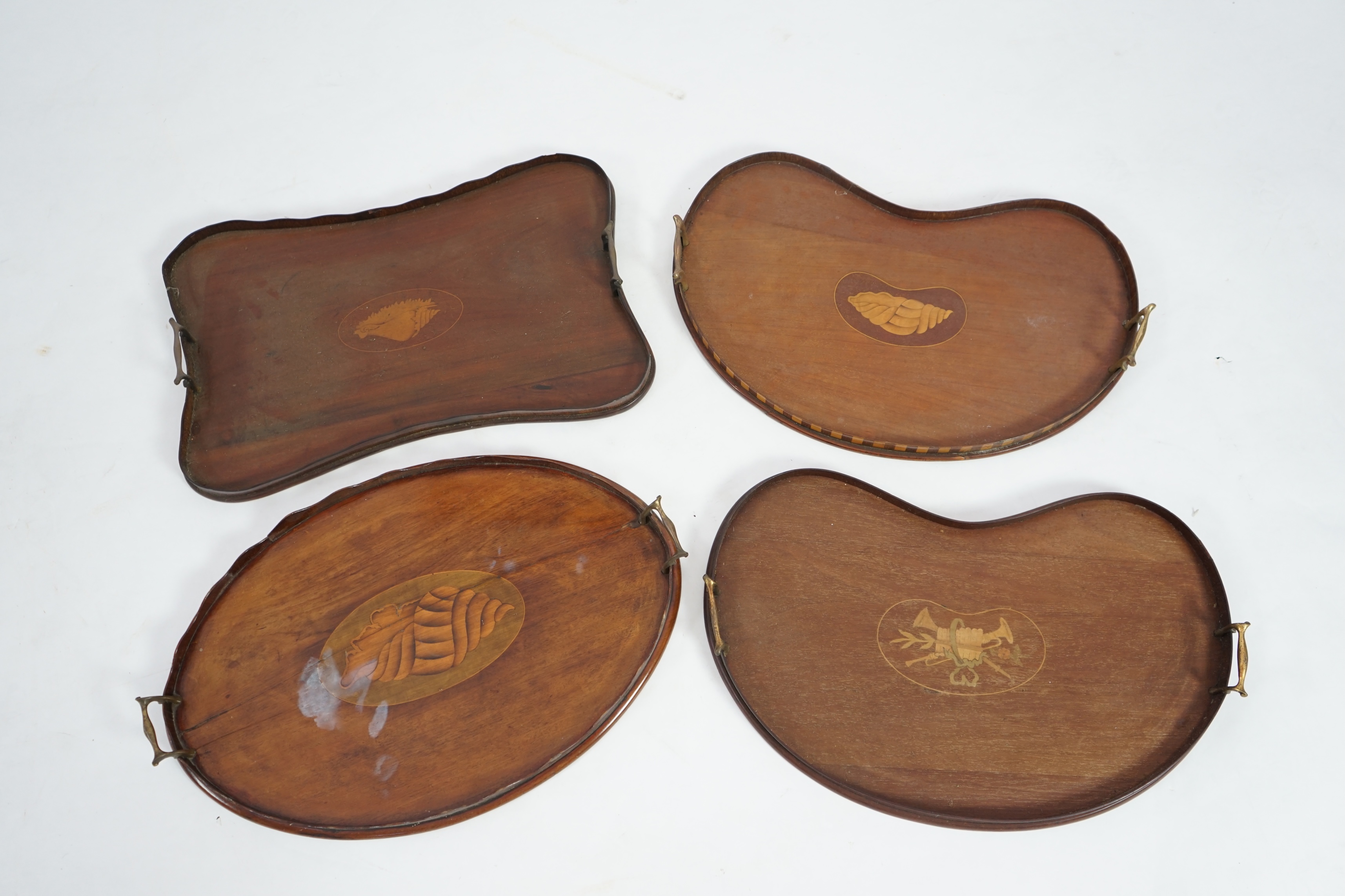 Four Edwardian inlaid mahogany gallery trays